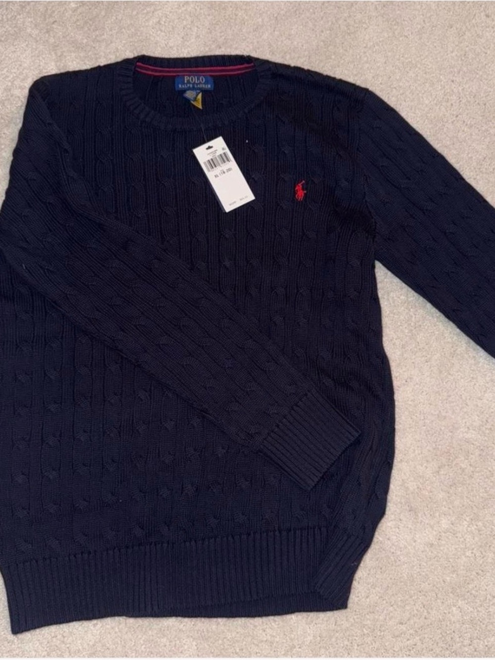 Ralph Lauren Navy Cable-Knit Crewneck Sweater with Red Pony Logo boys XL women M